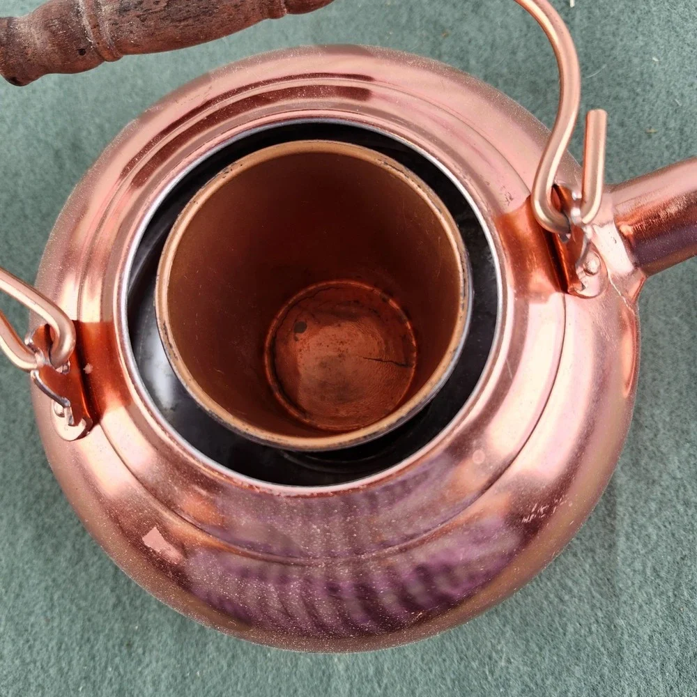 Vintage Copper Tea Kettle‎ Wood Handle Hong Kong Rustic Country Decor